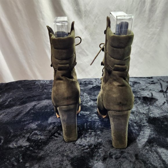 Green Faux Suede Lace-up 4" Block Heel Ankle Booties - Picture 4 of 7